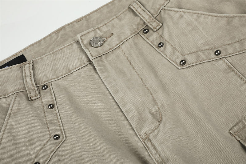Pantalon cargo homme kaki à jambes larges, multi-poches, délavé vintage – Pantalon workwear