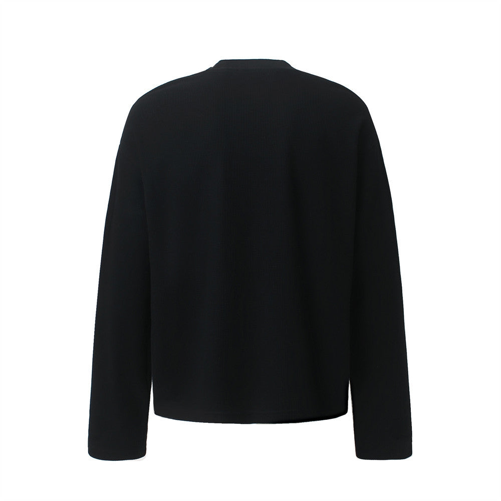 Gothic Script Print Long Sleeve Crewneck Tee – Oversized Waffle Knit Streetwear
