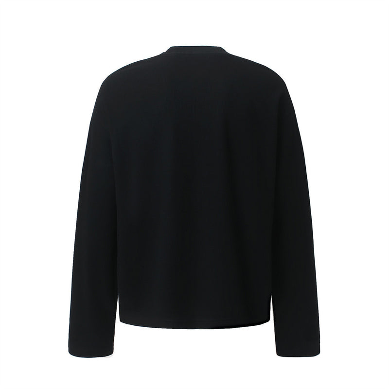Gothic Script Print Long Sleeve Crewneck Tee – Oversized Waffle Knit Streetwear