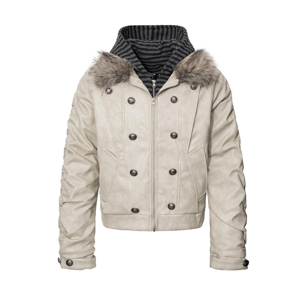 Veste matelassée en similicuir avec col en fausse fourrure et boutons croisés