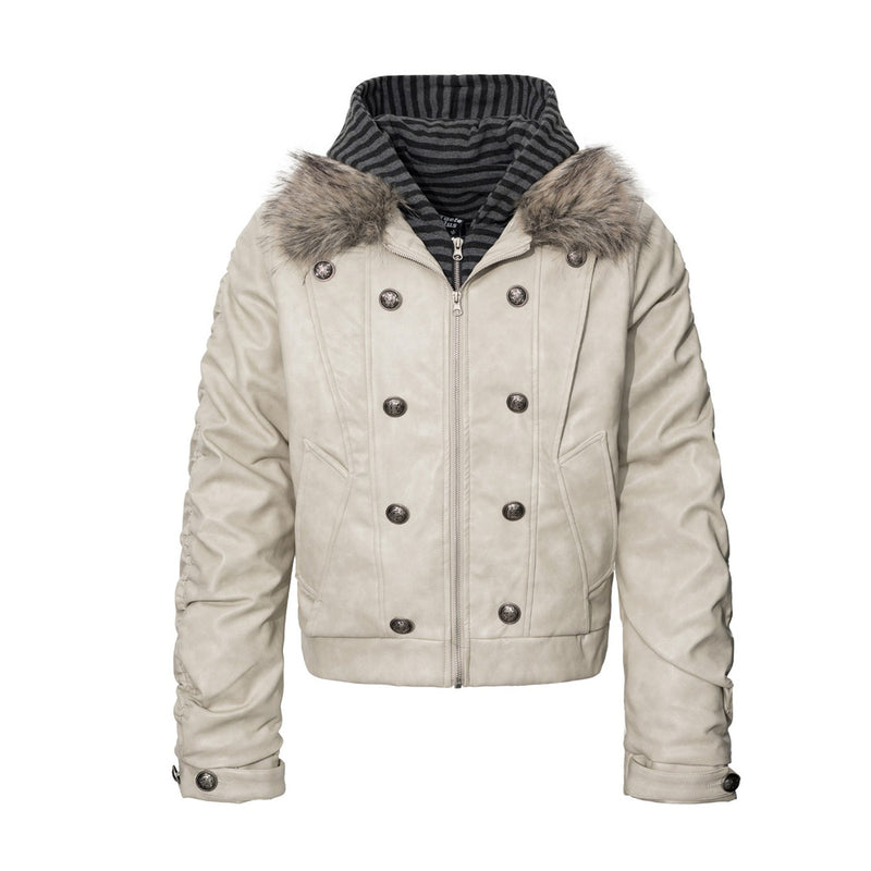 Veste matelassée en similicuir avec col en fausse fourrure et boutons croisés