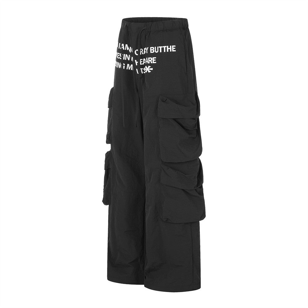 Wide-Leg Cargo Pants with Multi-Pocket Design & Letter Print Waistband