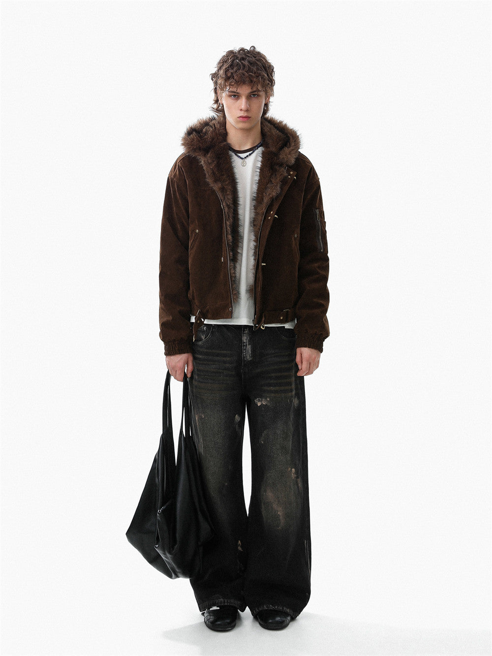 Faux Mink Fur-Trimmed Hooded Bomber Jacket with Toggle Clasps
