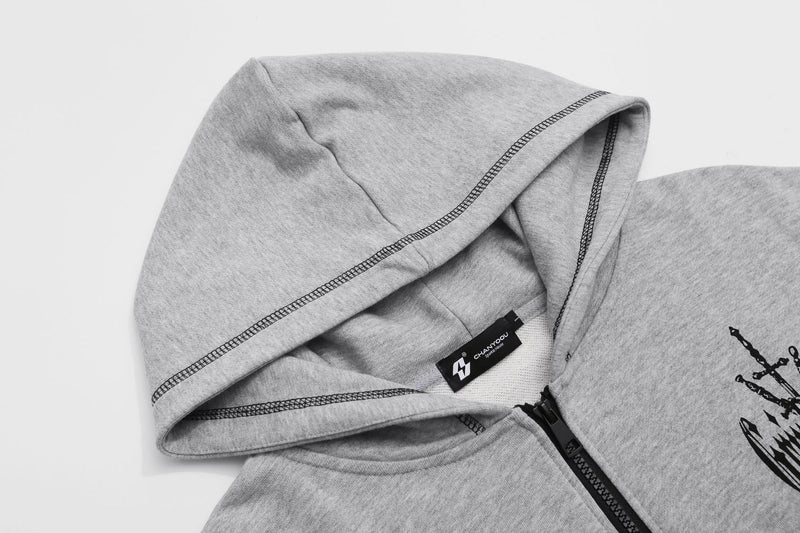Hoodie zippé avec imprimé gothique Grind Hard et surpiqûres contrastantes
