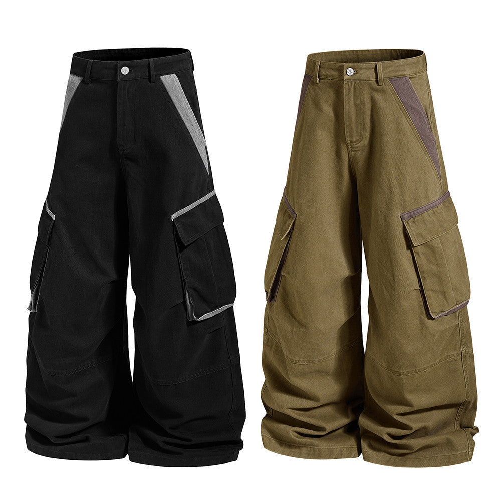 Wide-Leg Cargo Pants with Multi-Pocket Contrast Panel Design