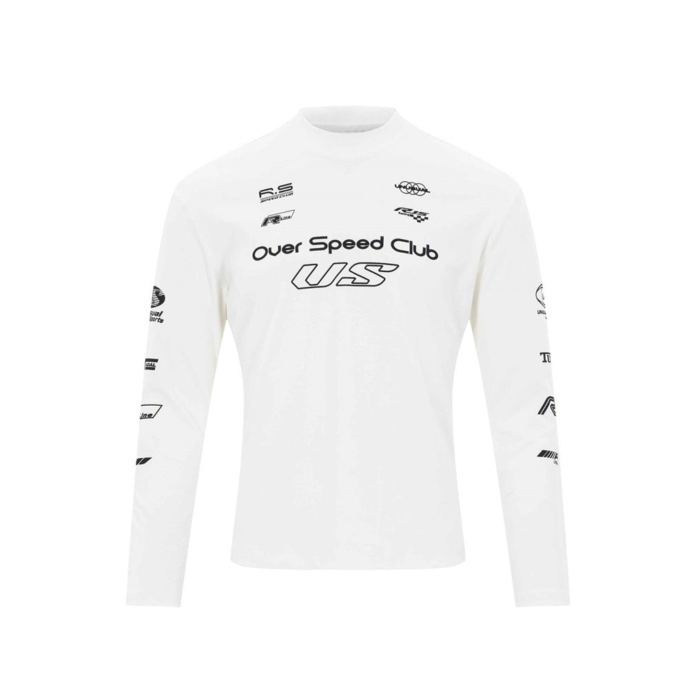 Over Speed Club Long Sleeve Graphic Tee – Mock Neck Racing Print Shirt