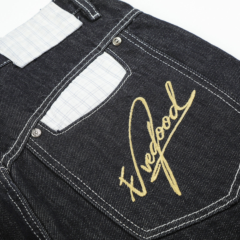 Herren Straight-Fit-Jeans – Wide-Leg-Rohdenim mit diagonalem Knopfverschluss und Karomuster