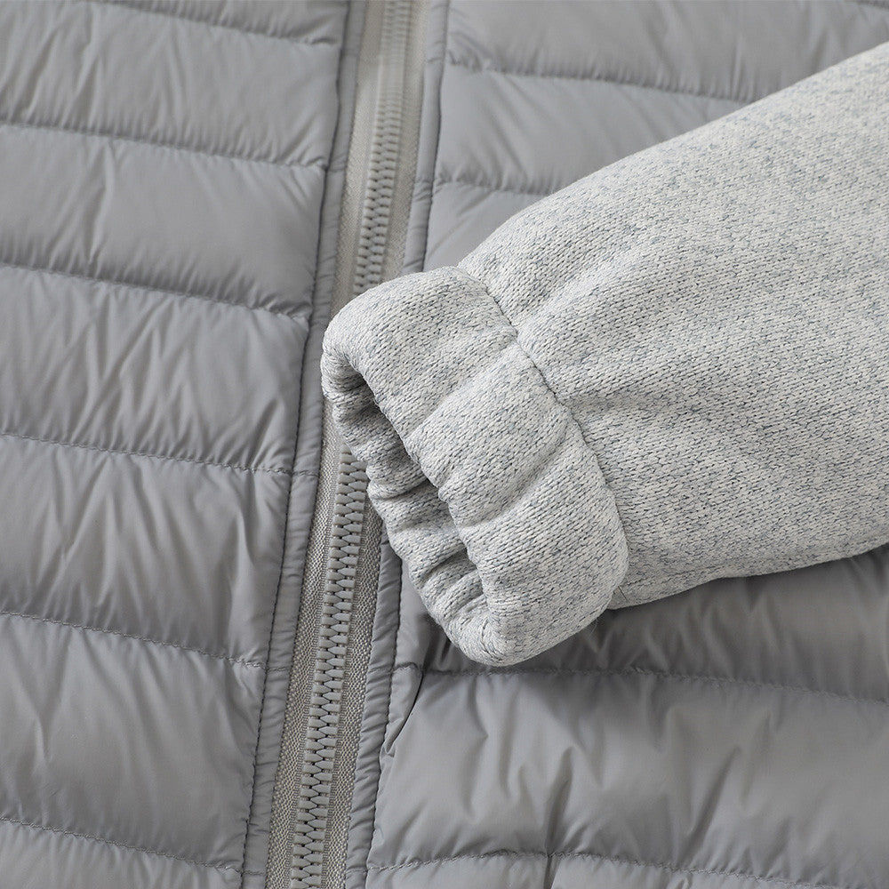 Graue Herren-Hybridjacke mit Kapuze, Reißverschluss und Steppoptik – Strickärmel