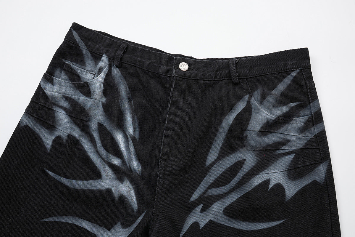 Black Low Rise Baggy Jeans with Tribal Spray-Paint Graphic Wide Leg