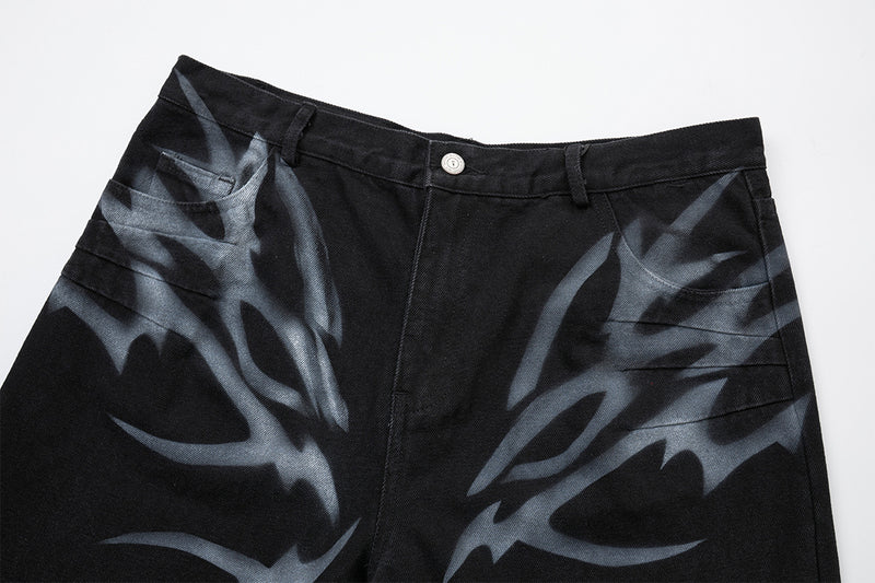 Black Low Rise Baggy Jeans with Tribal Spray-Paint Graphic Wide Leg