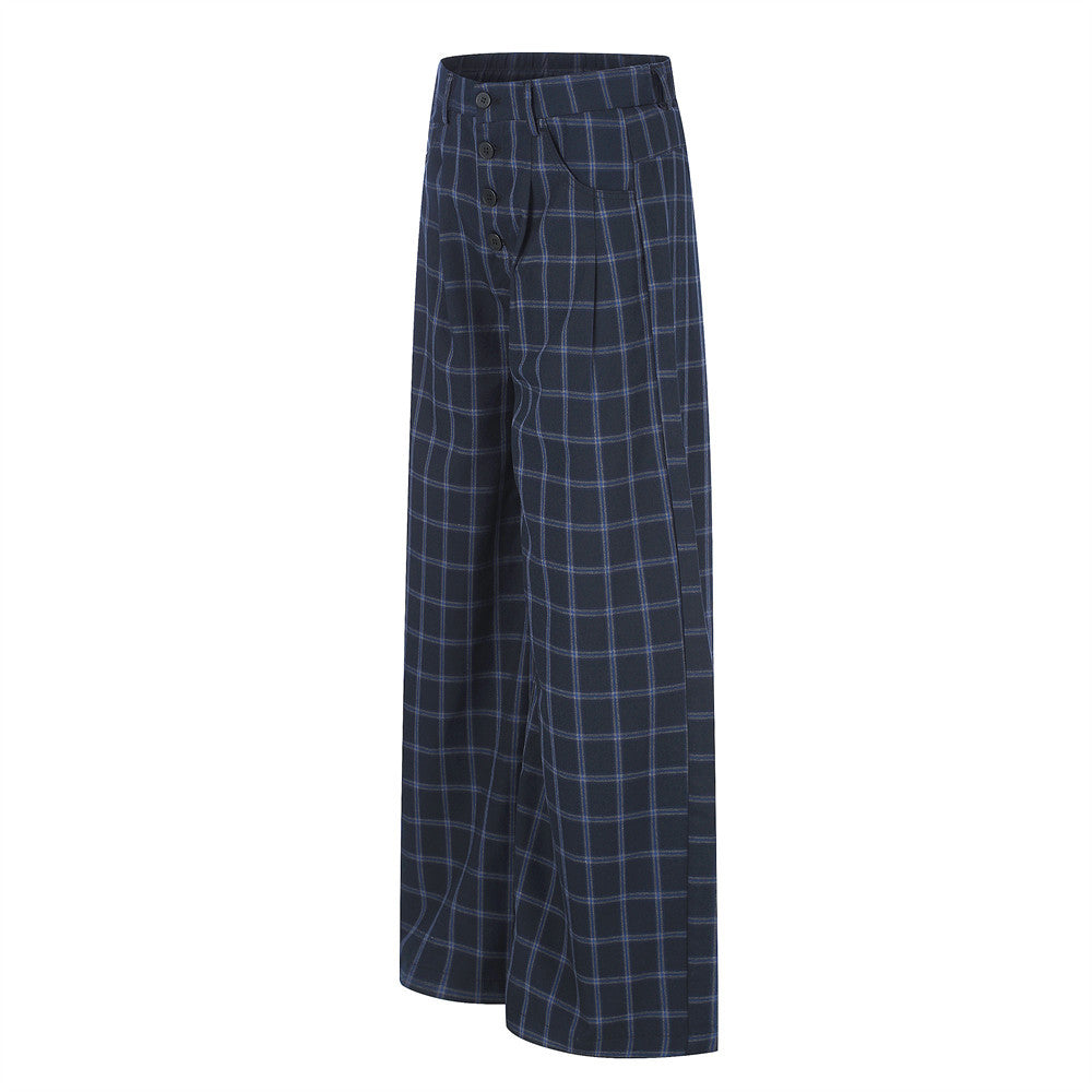 Wide-Leg Plaid Trousers – Men's High-Street Button-Fly Straight Pants
