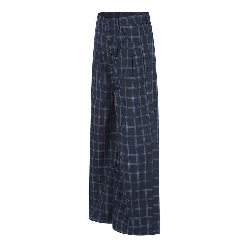 Wide-Leg Plaid Trousers – Men's High-Street Button-Fly Straight Pants