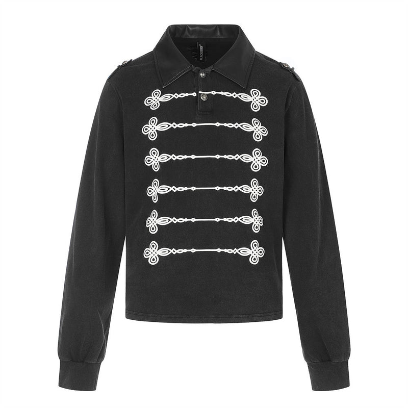Men's Cropped Military-Style Long Sleeve Polo Shirt with Braided Trim – Black