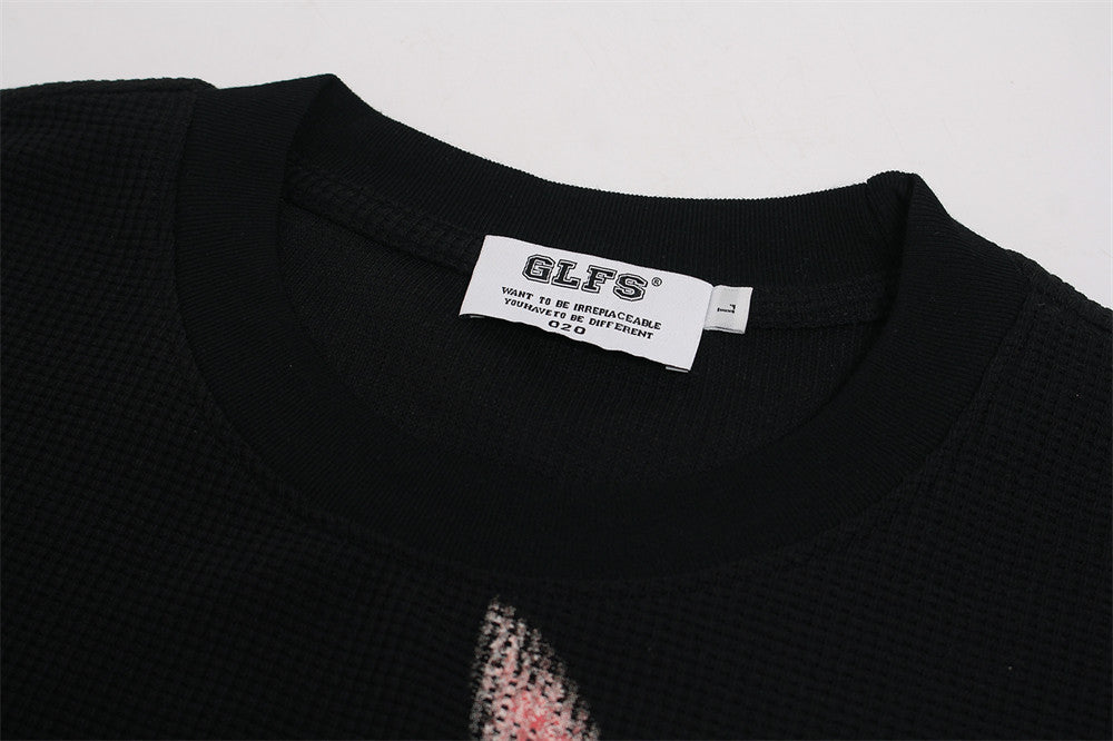 Black Long Sleeve Shirt Women — Oversized Cat Graphic Waffle-Knit Crew Neck Top