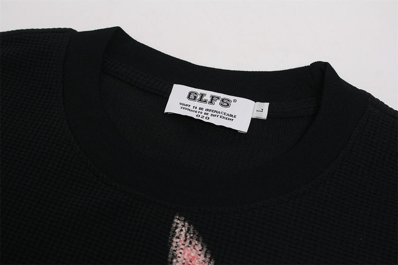 Black Long Sleeve Shirt Women — Oversized Cat Graphic Waffle-Knit Crew Neck Top