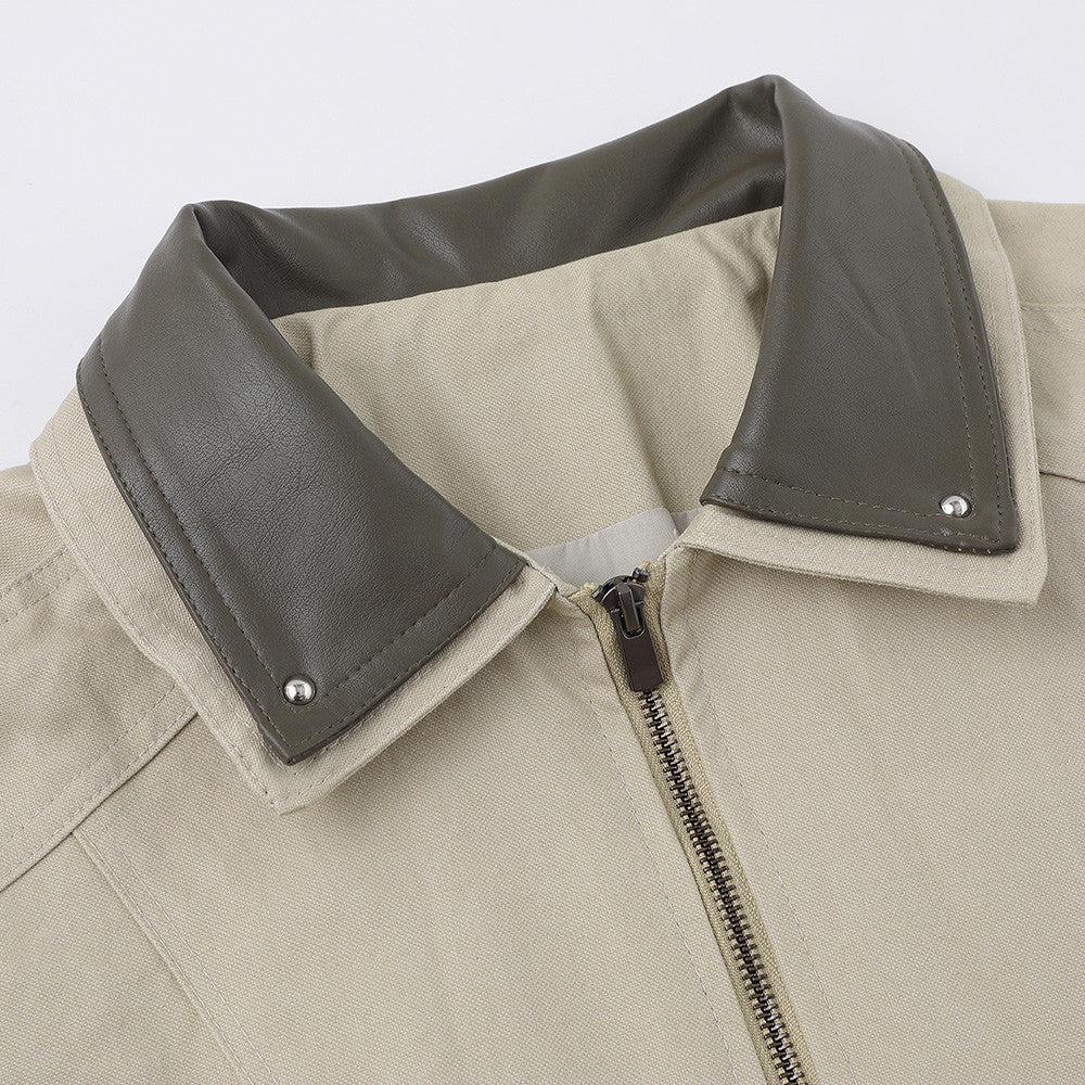 Herrenjacke im dekonstruierten Workwear-Stil – mit Reißverschluss, PU-Lederkragen und entspannter Passform