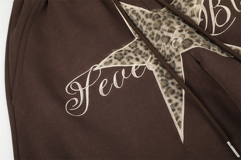 Wide-Leg Sweatpants with Leopard Print Star Patch & Drawstring Waist