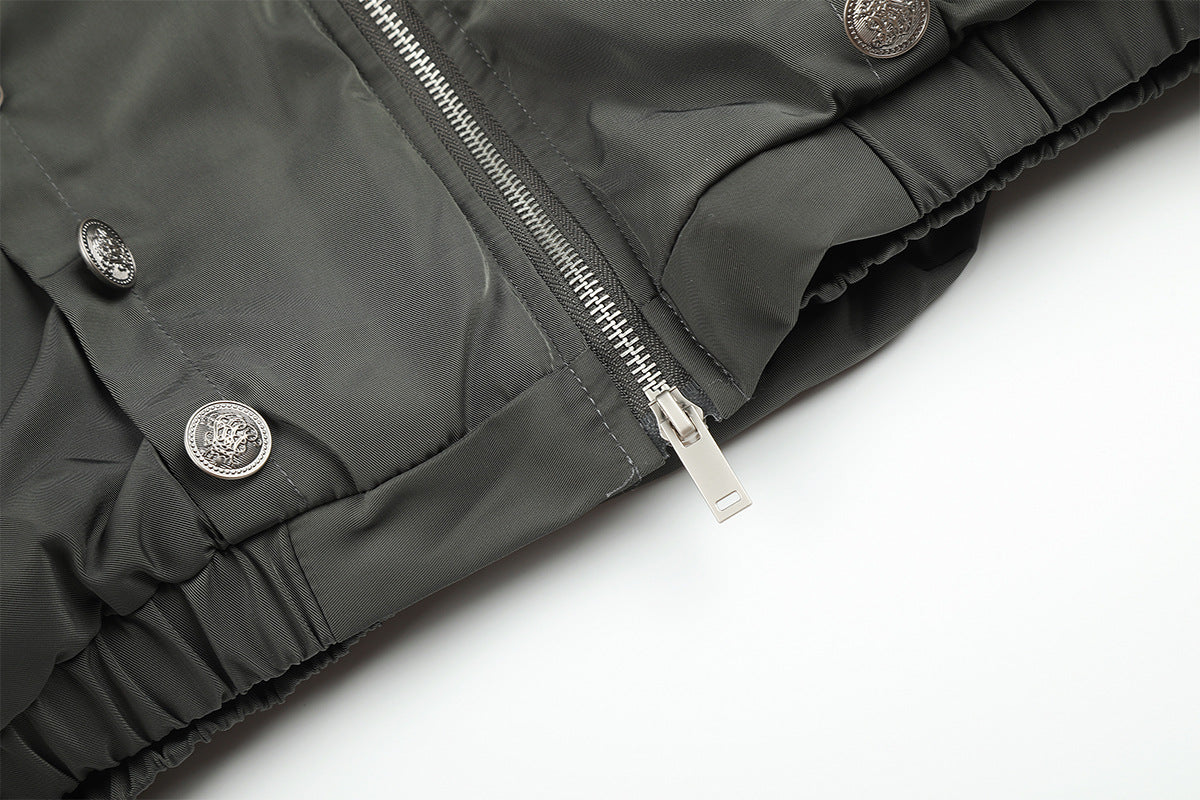Military Napoleon Button Padded Jacket with Faux Fur Collar