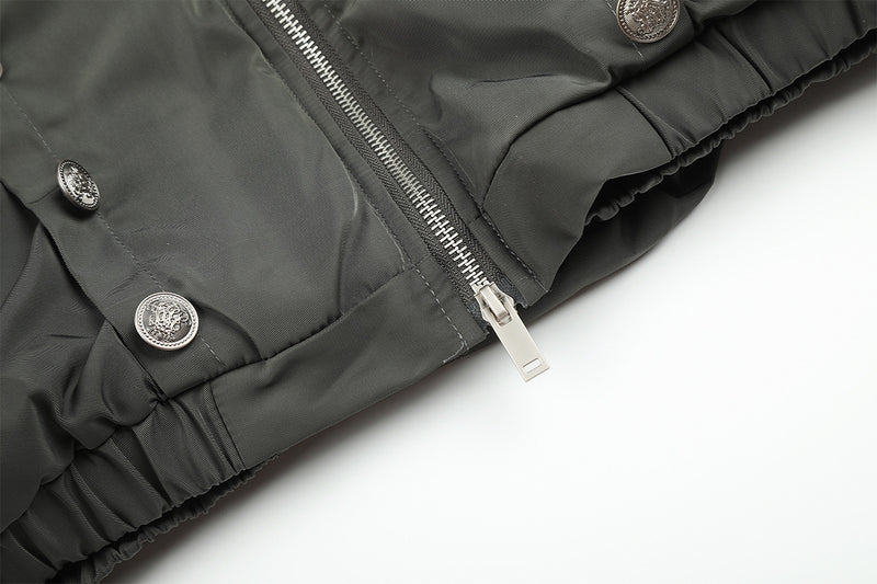 Military Napoleon Button Padded Jacket with Faux Fur Collar