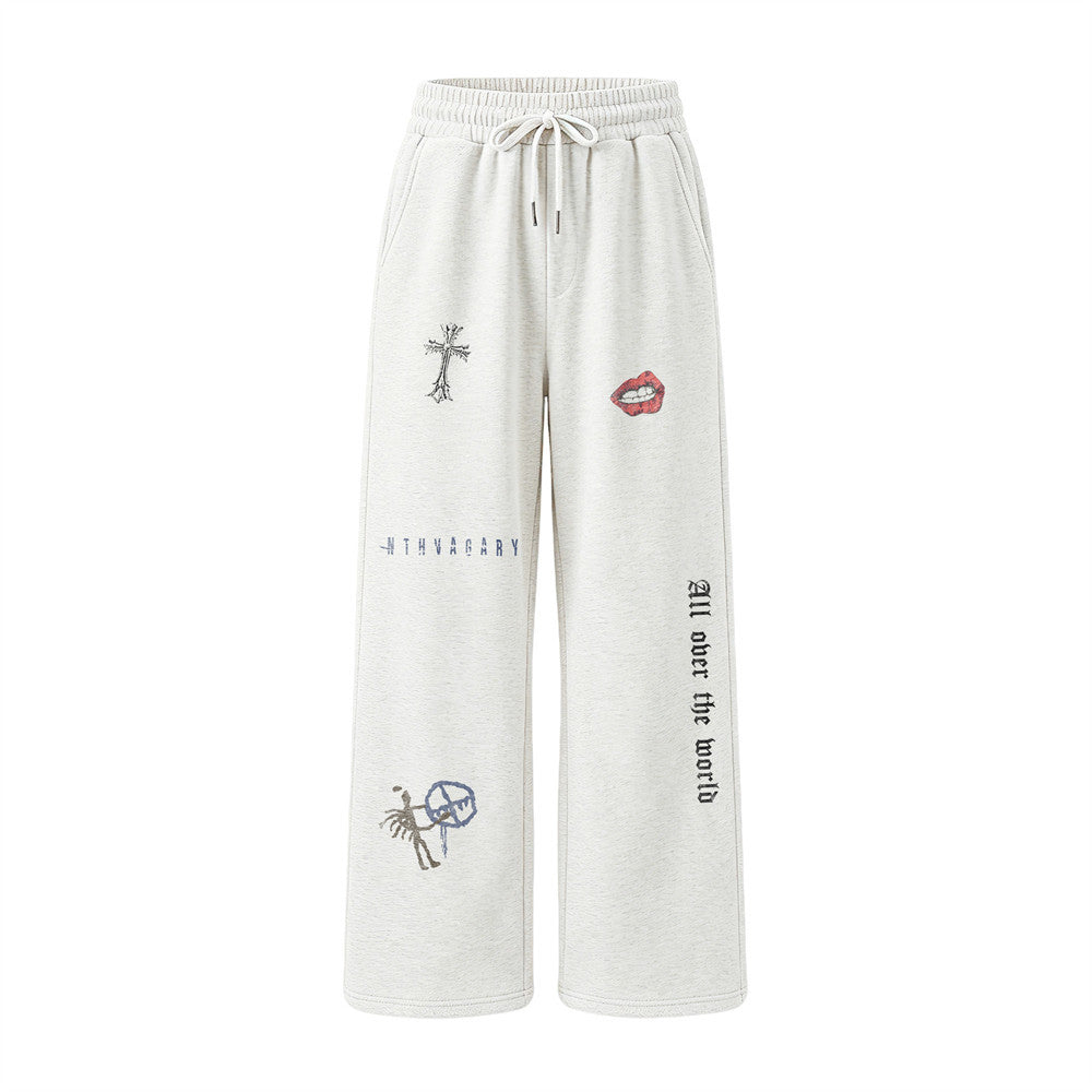 Gothic Graphic Wide-Leg Sweatpants – Cross & Letter Print Loose Straight-Leg