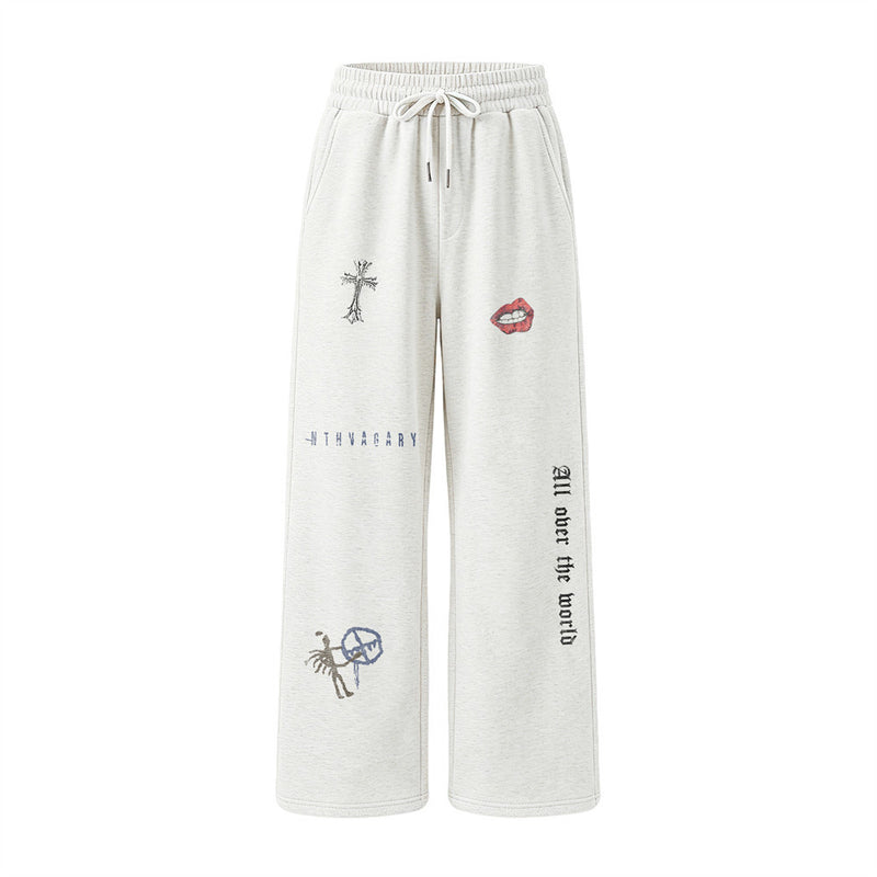 Gothic Graphic Wide-Leg Sweatpants – Cross & Letter Print Loose Straight-Leg