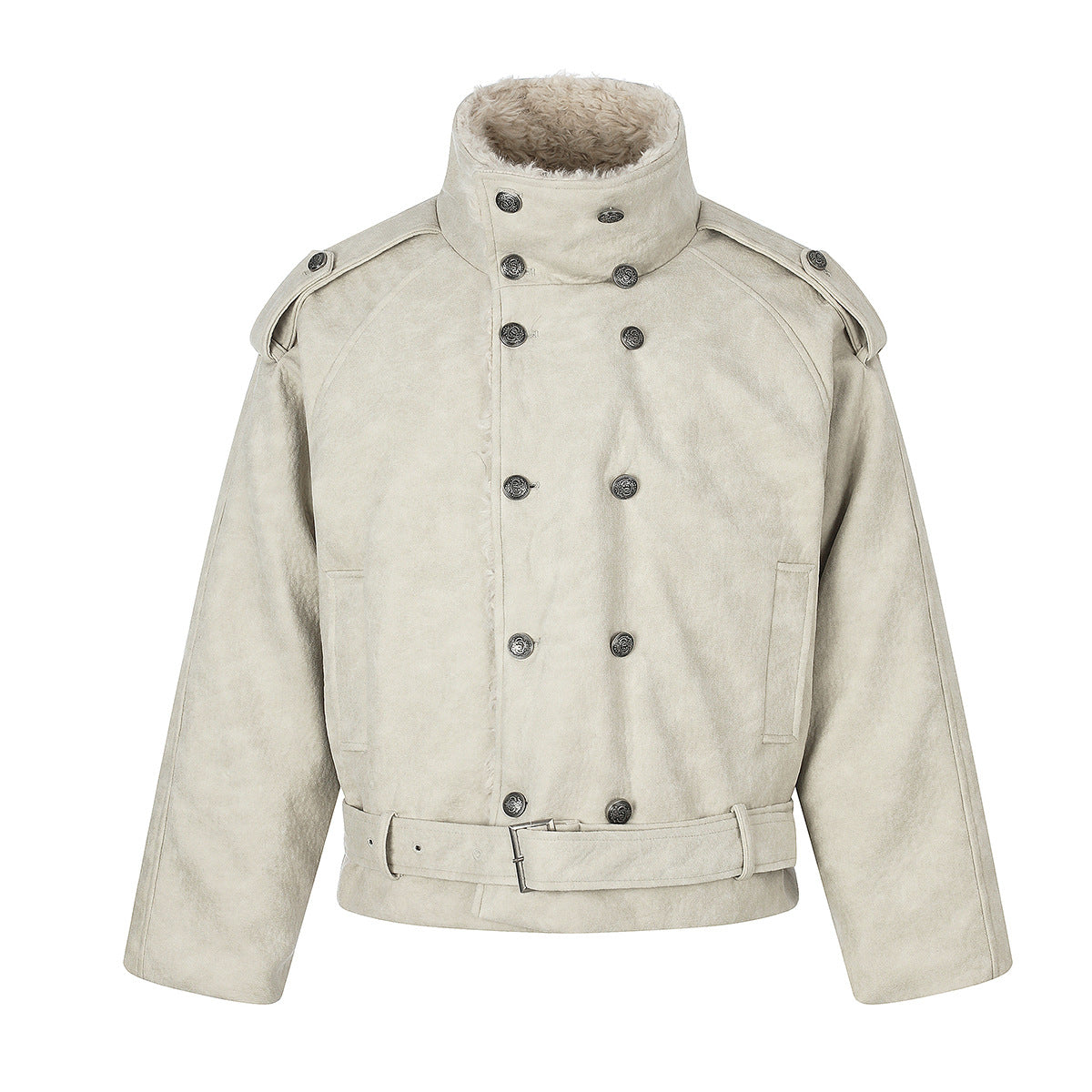Double-Breasted Shearling-Collar Padded Jacket with Waist Belt