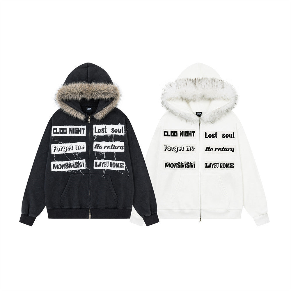 Fur Trim Zip-Up Hoodie with Letter Patch Appliqué and Washed Finish