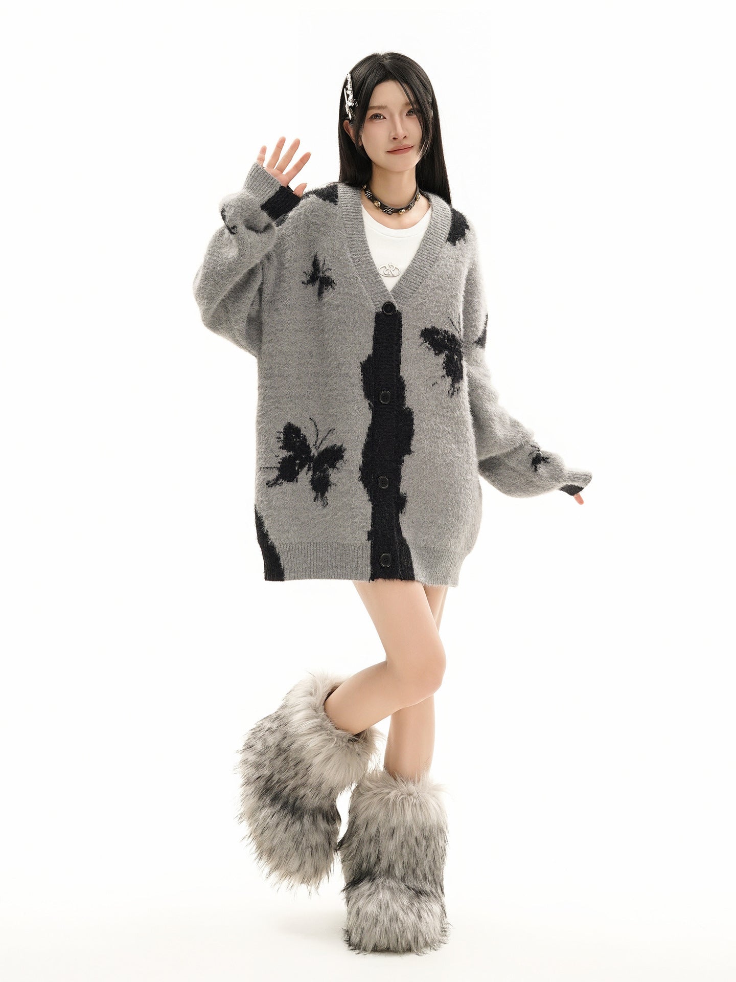 Gilet cardigan en maille jacquard papillon – Col V oversize, maille couple