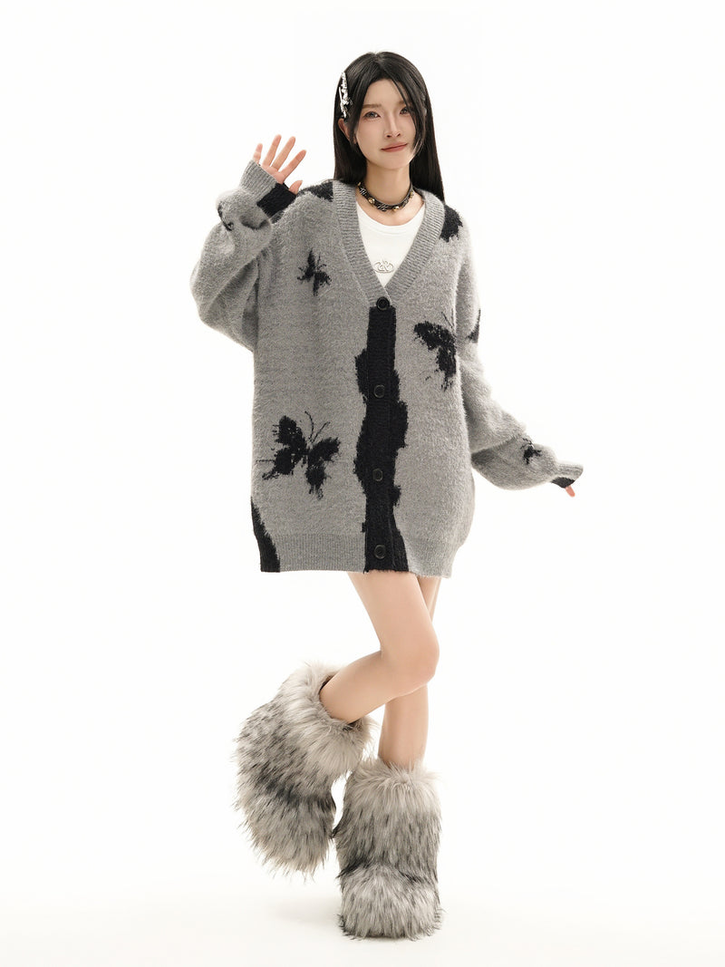 Gilet cardigan en maille jacquard papillon – Col V oversize, maille couple