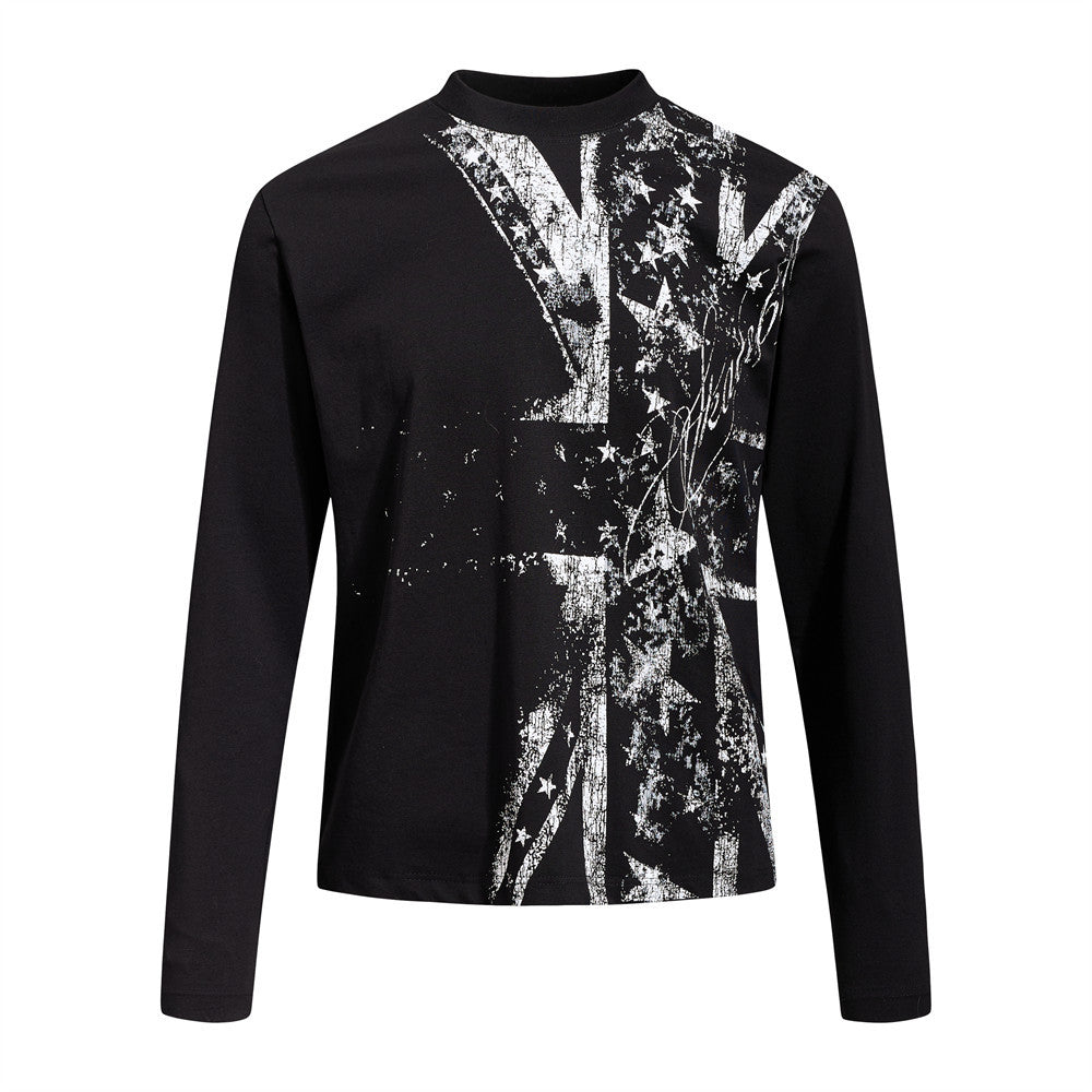 Men's black long sleeve T-shirt with distressed Union Jack graphic print on the front, relaxed fit, mock crew neckline