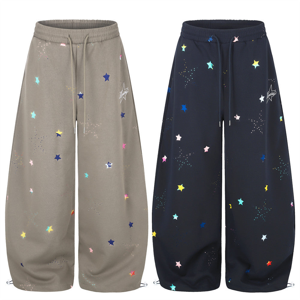 Colorful Star Print Wide-Leg Sweatpants – Relaxed Fit Curved Hem Casual Pants