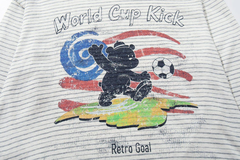 Striped Long Sleeve Graphic Tee – Retro World Cup Bear Print, Relaxed Fit
