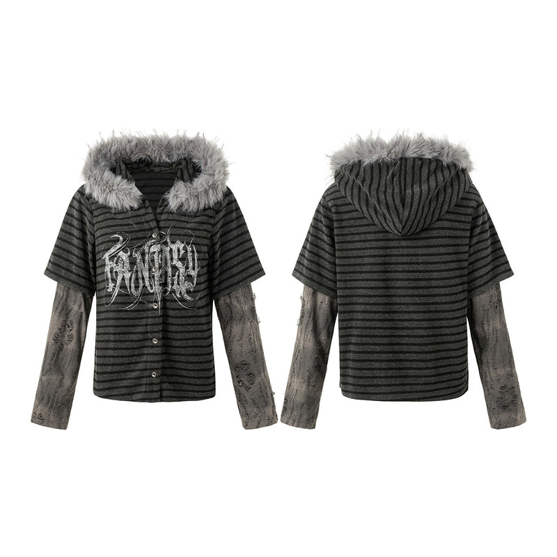Gilet rayé à capuche bordée de fausse fourrure avec manches graphiques effet superposé