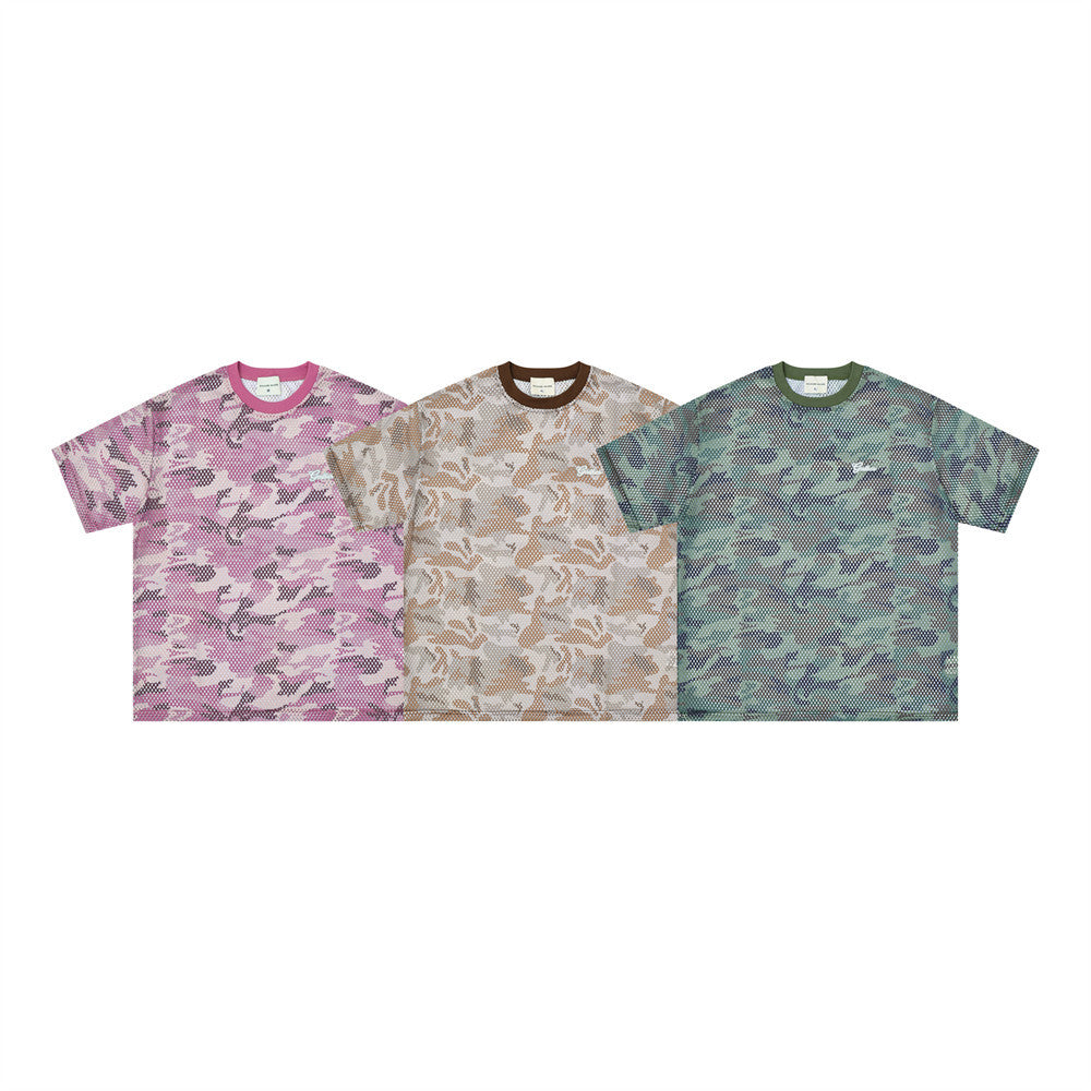 Men's Crew Neck T-Shirt Camo Print Mesh Short Sleeve Oversized Tee