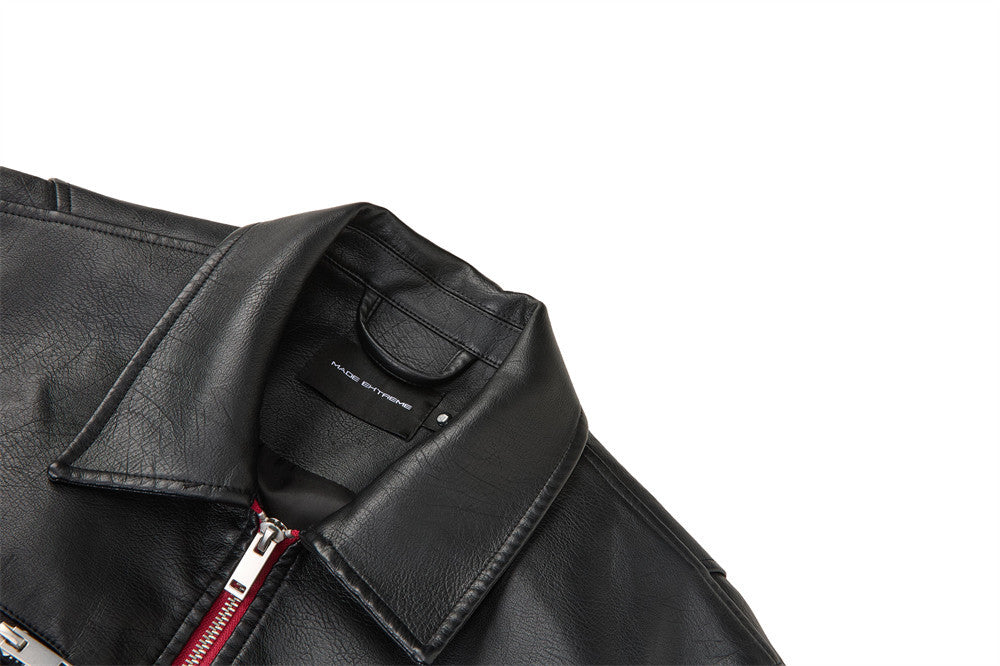 Men's Black PU Leather Biker Jacket – Short Moto Style with Red Zip
