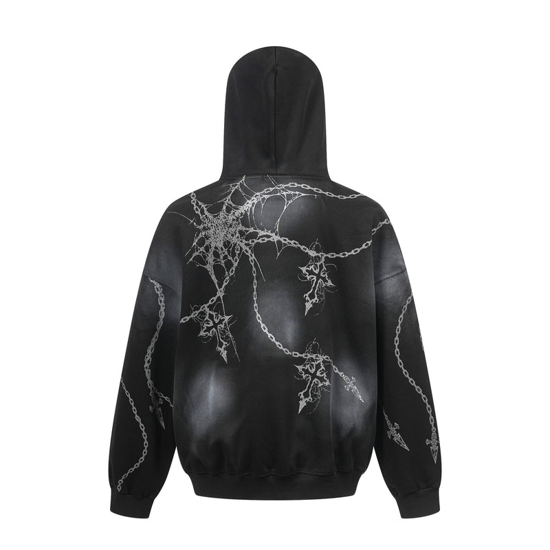 Sudadera oversize gruesa con estampado gótico de cadenas y cruces