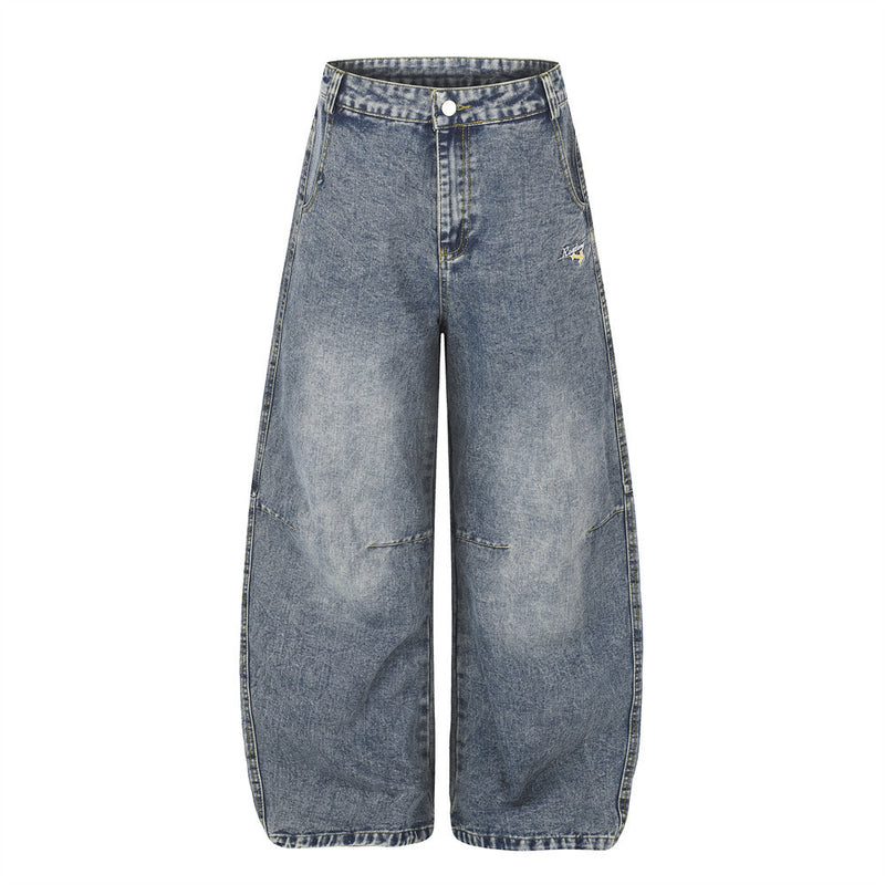 Wide-Leg Baggy Jeans with Cross Pocket Embroidery & Washed Distressed Finish
