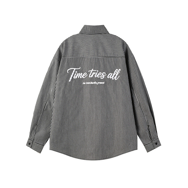 Men's Vertical Stripe Oversized Long-Sleeve Shirt with Embroidered Script