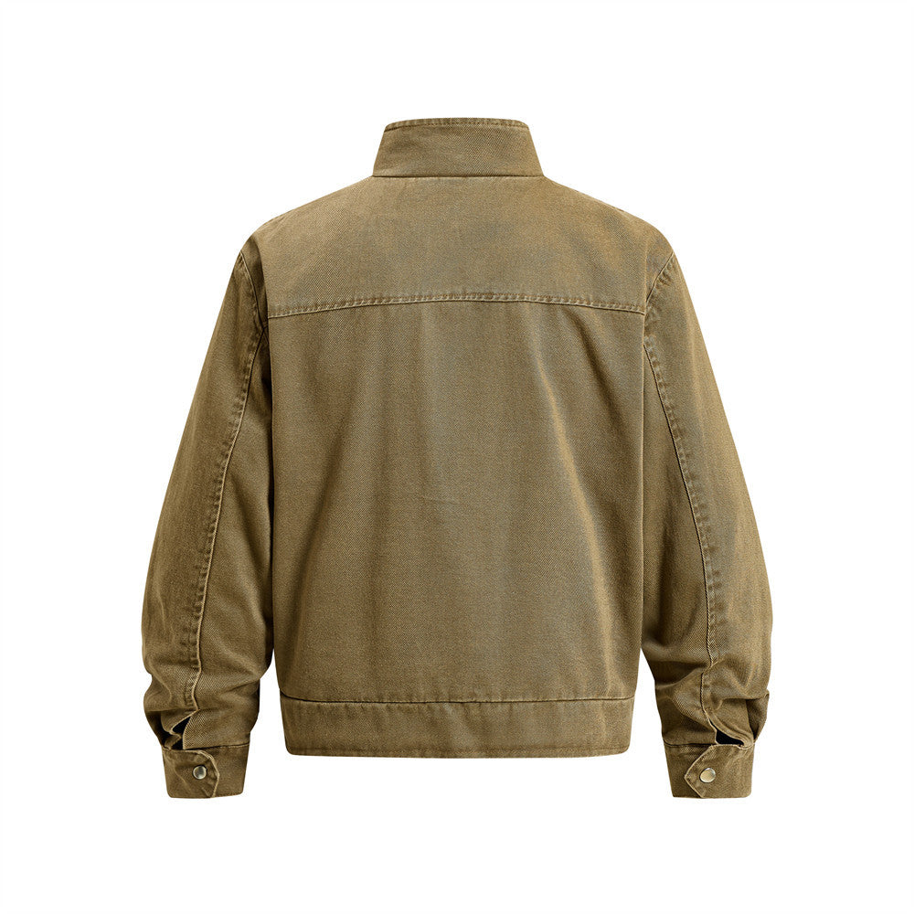 Vintage Workwear Denim Jacket – Stand Collar, Zip Chest Pockets & Oversized Fit