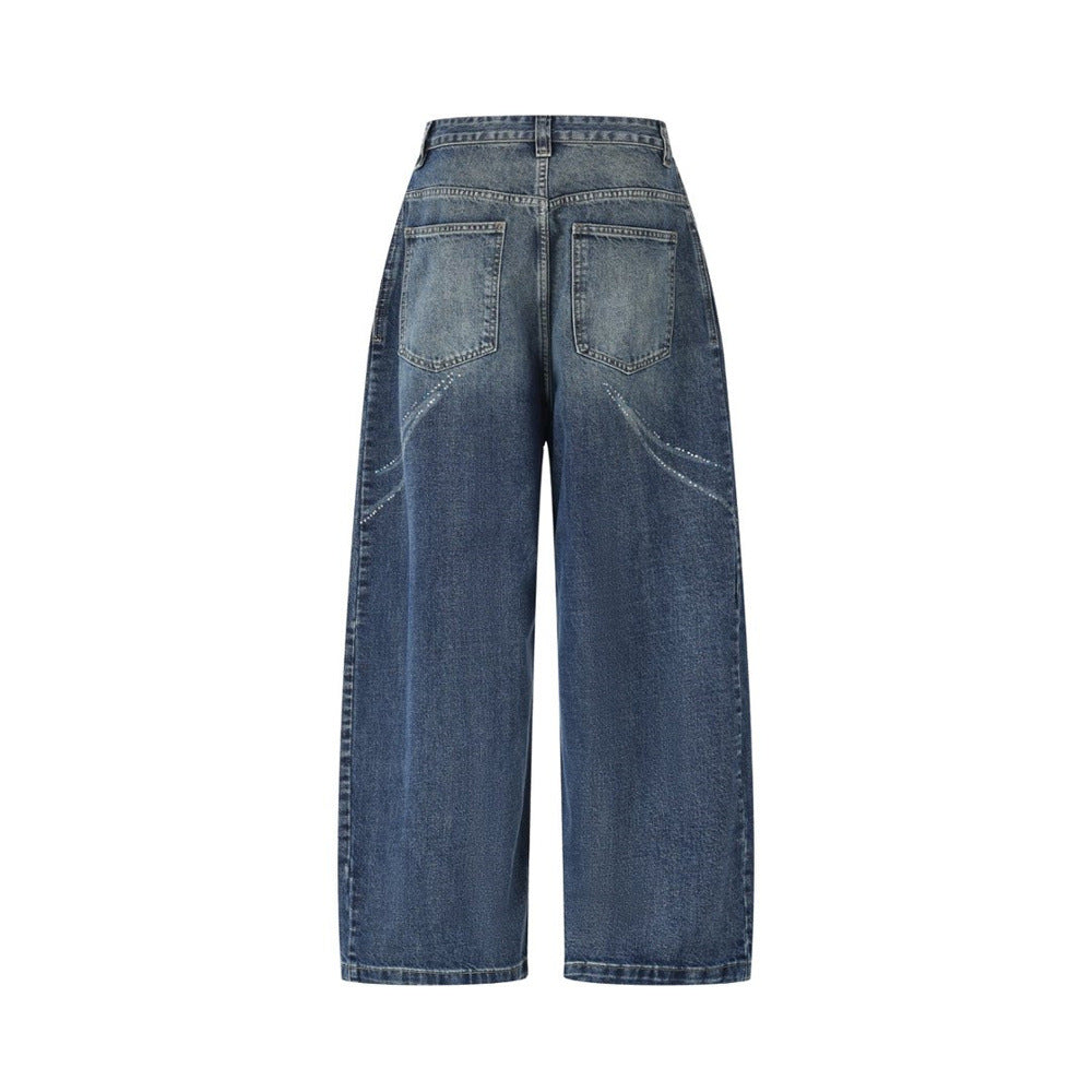 Men's Super Baggy Jeans – Rhinestone Wing Graphic Wide-Leg Denim, Washed Blue