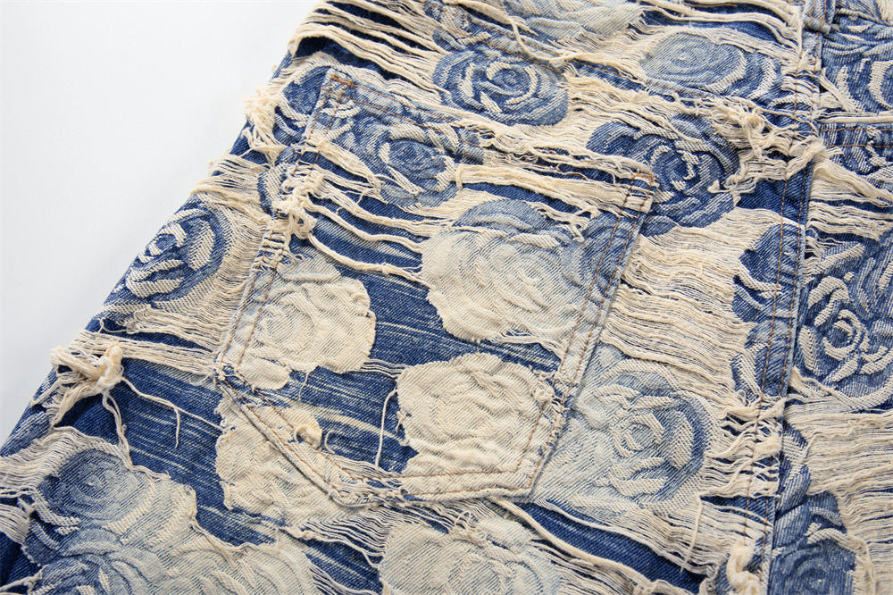 Rose Jacquard Distressed Wide-Leg Jeans – Blue Floral Fringe Denim
