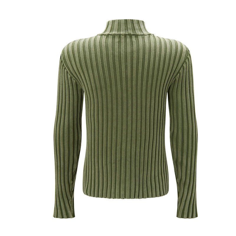 Ribbed Knit Mock-Neck Full-Zip Cardigan Sweater with Lightning Bolt Embroidery