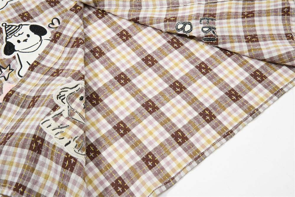Cartoon Cat & Dog Patch Embroidery Plaid Short Sleeve Shirt