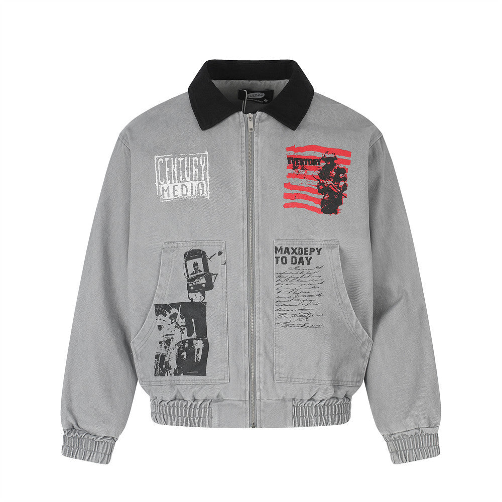 Herren Bomberjacke aus grauem Canvas im Workwear-Stil mit Grafikprints