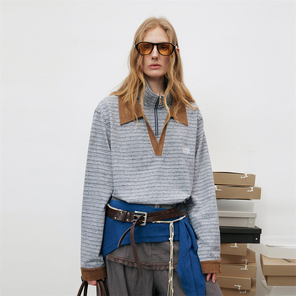 Oversized striped half-zip polo sweatshirt with camel suede-touch collar and cuffs, front and back view
