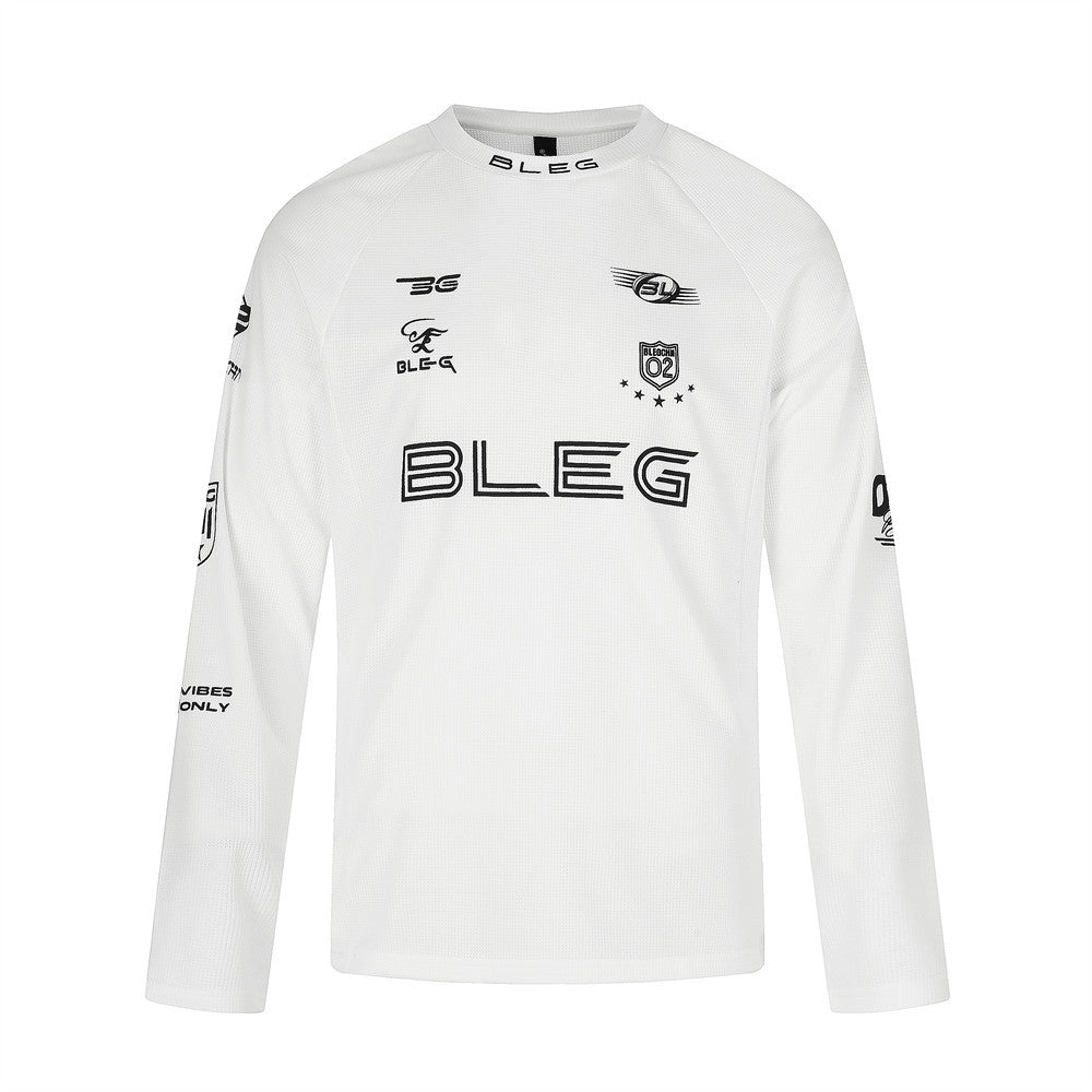 White long sleeve crew neck shirt front with black BLEG logo and racing-style prints