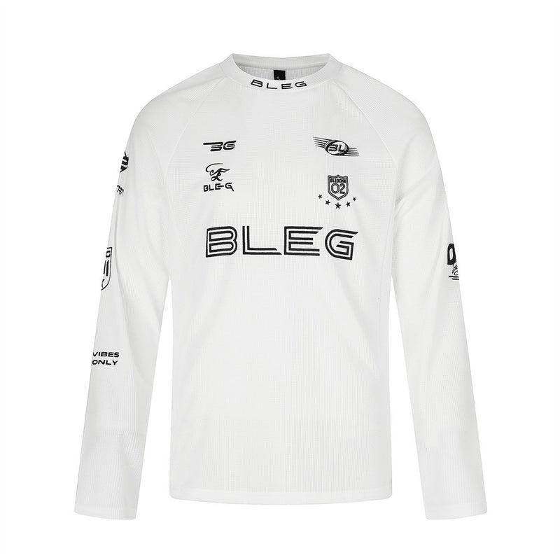 White long sleeve crew neck shirt front with black BLEG logo and racing-style prints