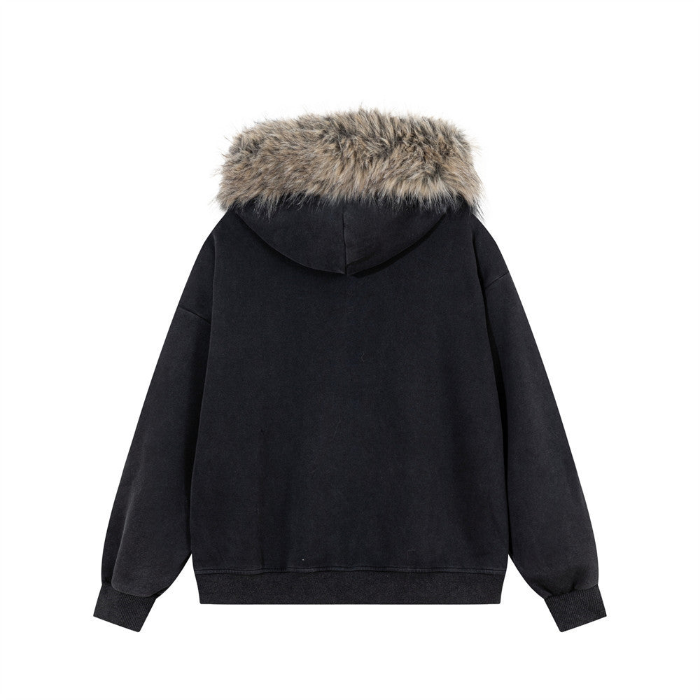 Fur Trim Zip-Up Hoodie with Letter Patch Appliqué and Washed Finish
