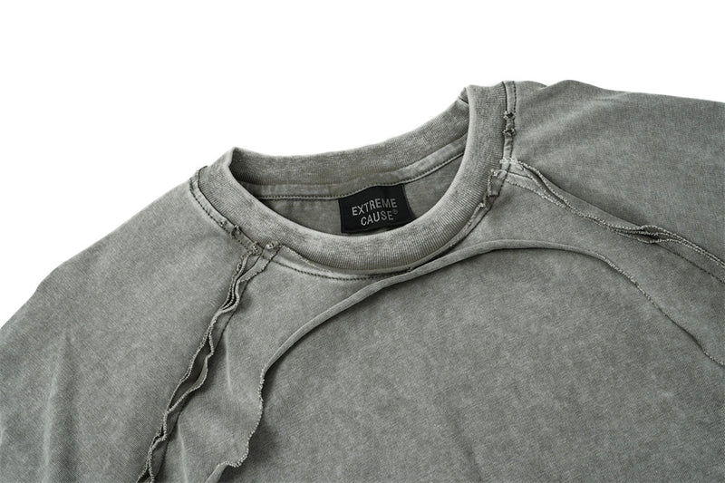 T-shirt manches longues à double épaisseur effet superposé, délavé à l’acide – Col ras-du-cou punk pour homme à ourlet brut
