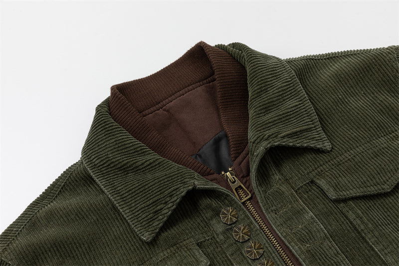 Men's Army Green Corduroy Jacket with Metal Buttons & Layered Hem Detail